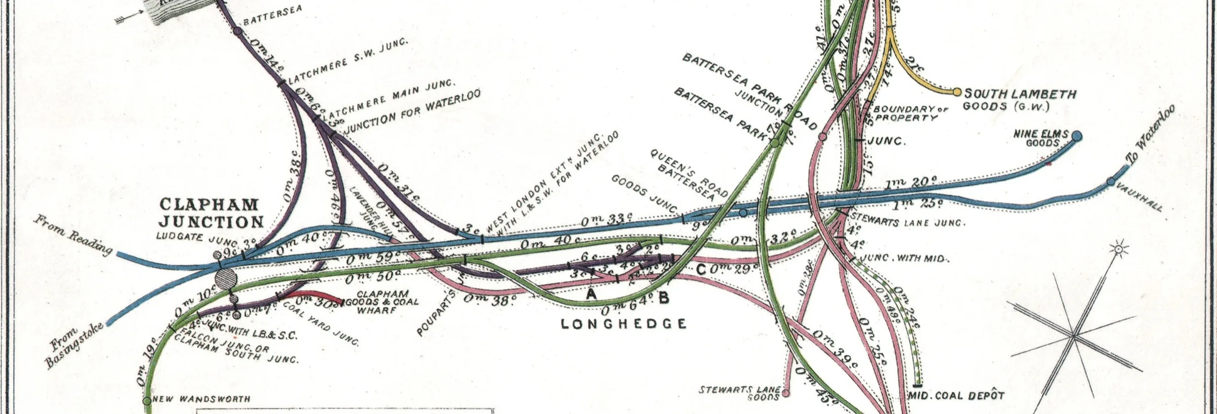 A coloured railway diagram of the lines around Clapham Junction in London: tracks of five railway companies split apart, cross and rejoin at a dozen labelled junctions. Railway Clearing House, junction diagram of Clapham Junction, Stewarts Lane, Lavender Hill & Longhedge, 1912 (detail) — public domain, via Wikimedia Commons.