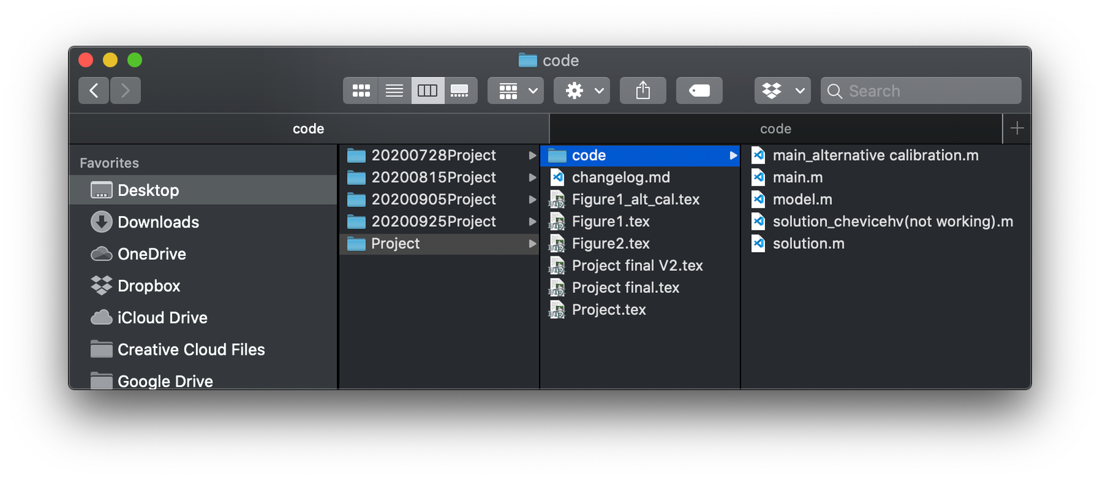 A Finder window showing folders named 20200728Project, 20200815Project, 20200905Project and 20200925Project, and inside the current project the files Project.tex, Project final.tex, Project final V2.tex, main.m, main_alternative calibration.m and solution_chevicehv(not working).m.